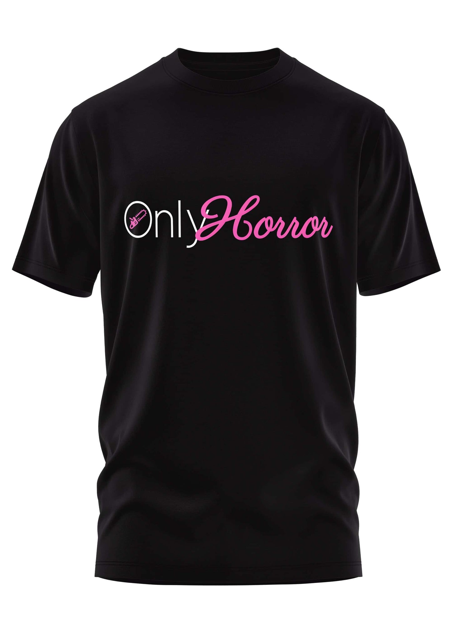 Schwarzes schweres unisex t-shirt only horror pink mit pinker kalligraphie und strapazierfähigem stoff