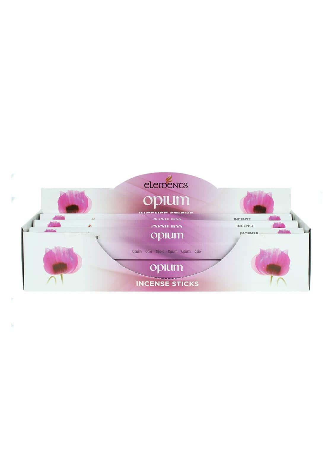 Opium räucherstäbchen elements räucherstäbchen in rosa weißer verpackung mit hochwertiger verarbeitung und floralem design