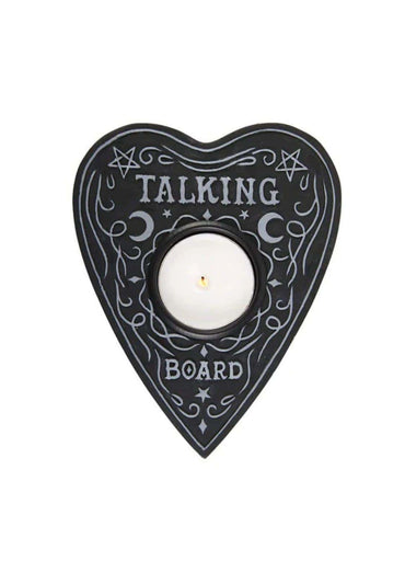 Schwarzer ouija board tealight kerzenständer in herzform mit silbernen gravuren und zentraler kerzenhalterung