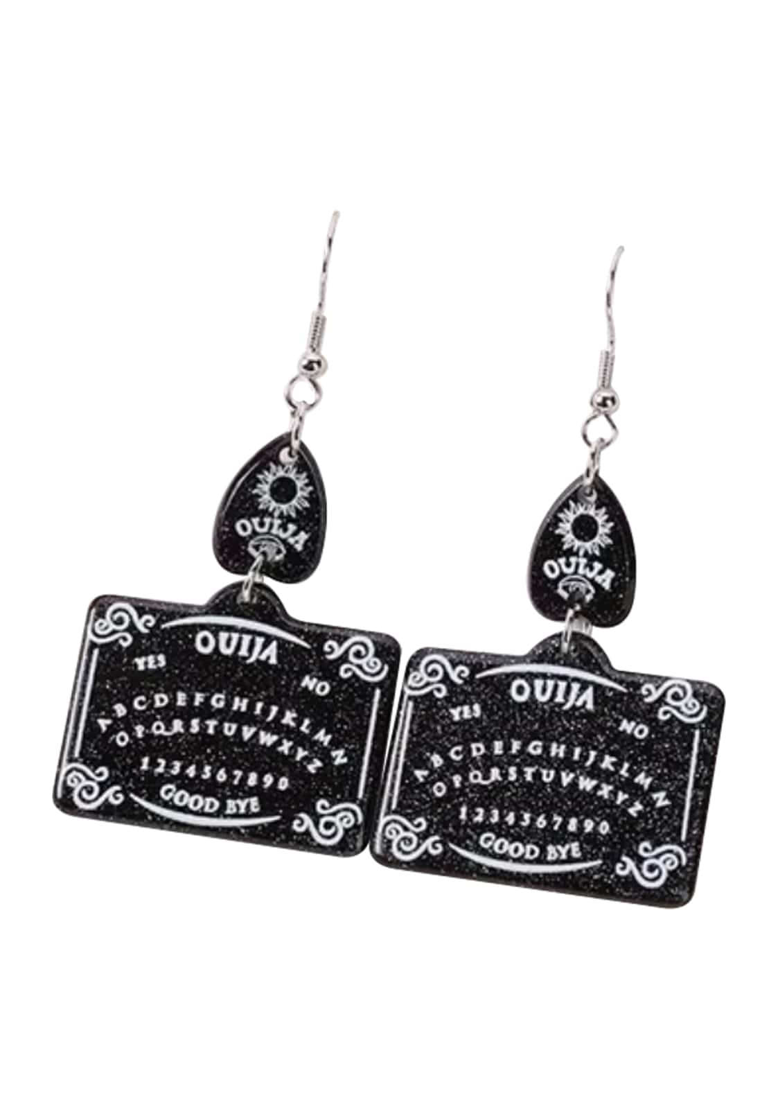 Schwarze glitternde Ouija-Gothic-Ohringe mit Silberhaken, OUIJA GLITTER