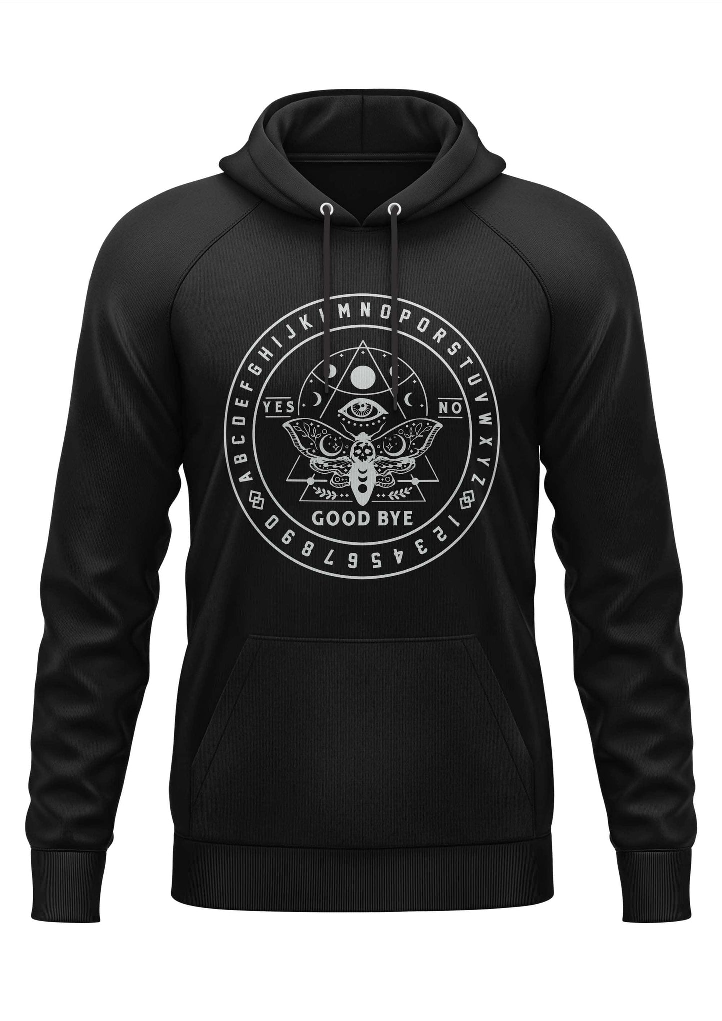 Schwarzer hoodie mit weißem gothic ouija kreisdesign mit auge, motte und alphabetbuchstaben für horror fans