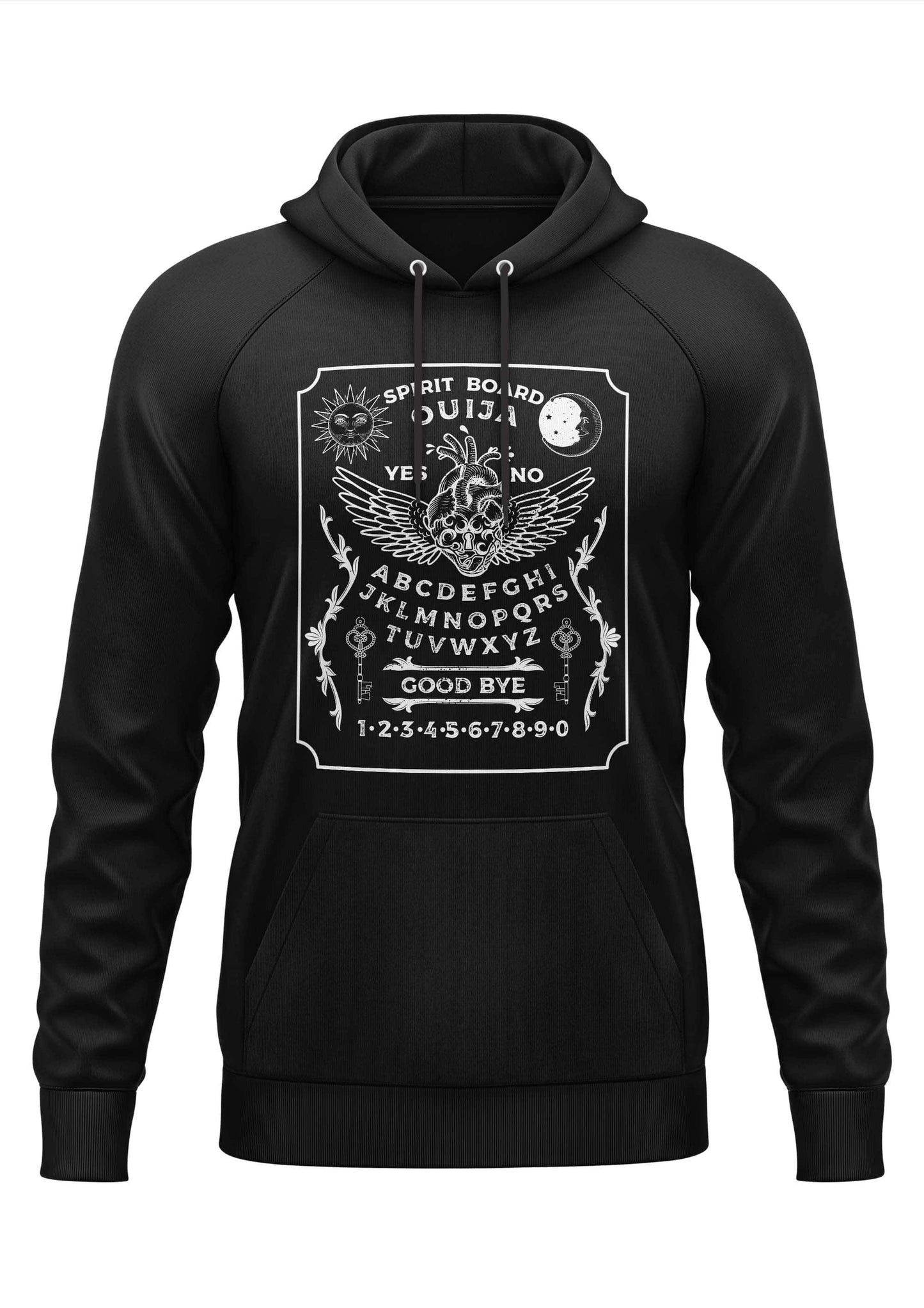 Schwarzer hoodie mit weißem ouijaboard-design, mittlerer schädel, flügel, buchstabenlayout im gothic horror stil