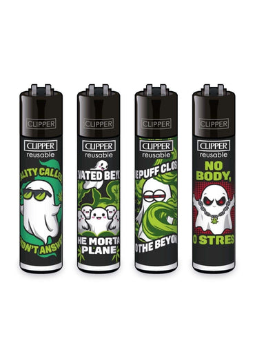 Vier schwarze Clipplighter mit cartoon-geistern und grünen roten Akzenten im paranormal puffs set für gothic kleidung