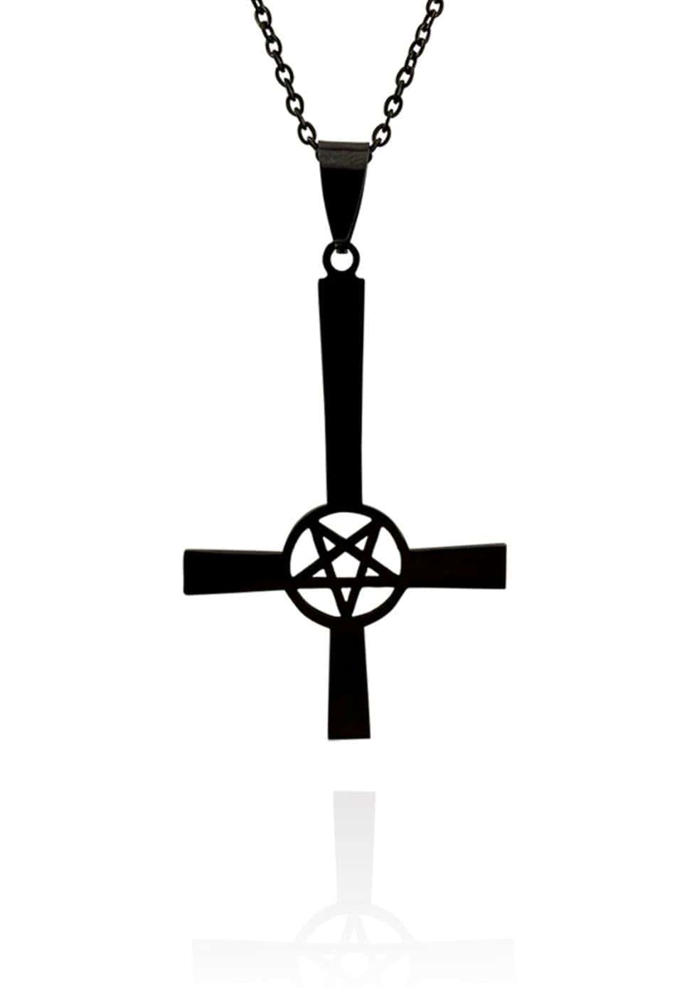Schwarze edelstahl halskette mit pentagramm kreuz schwarz und umgekehrtes kreuz design in matter oberfläche