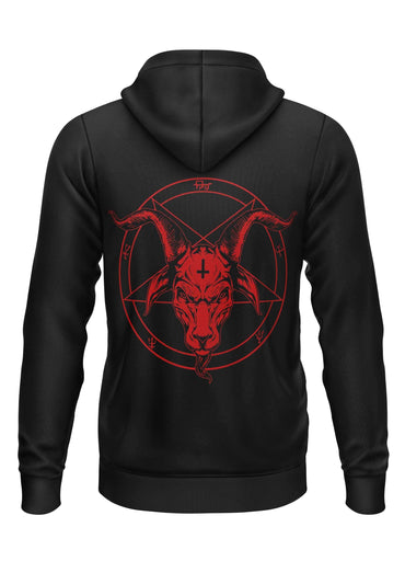 Schwarzer schwerer unisex-hoodie mit rotem pentagramm und ziegenkopf hinten gaia lizenzierte kleidung ltd