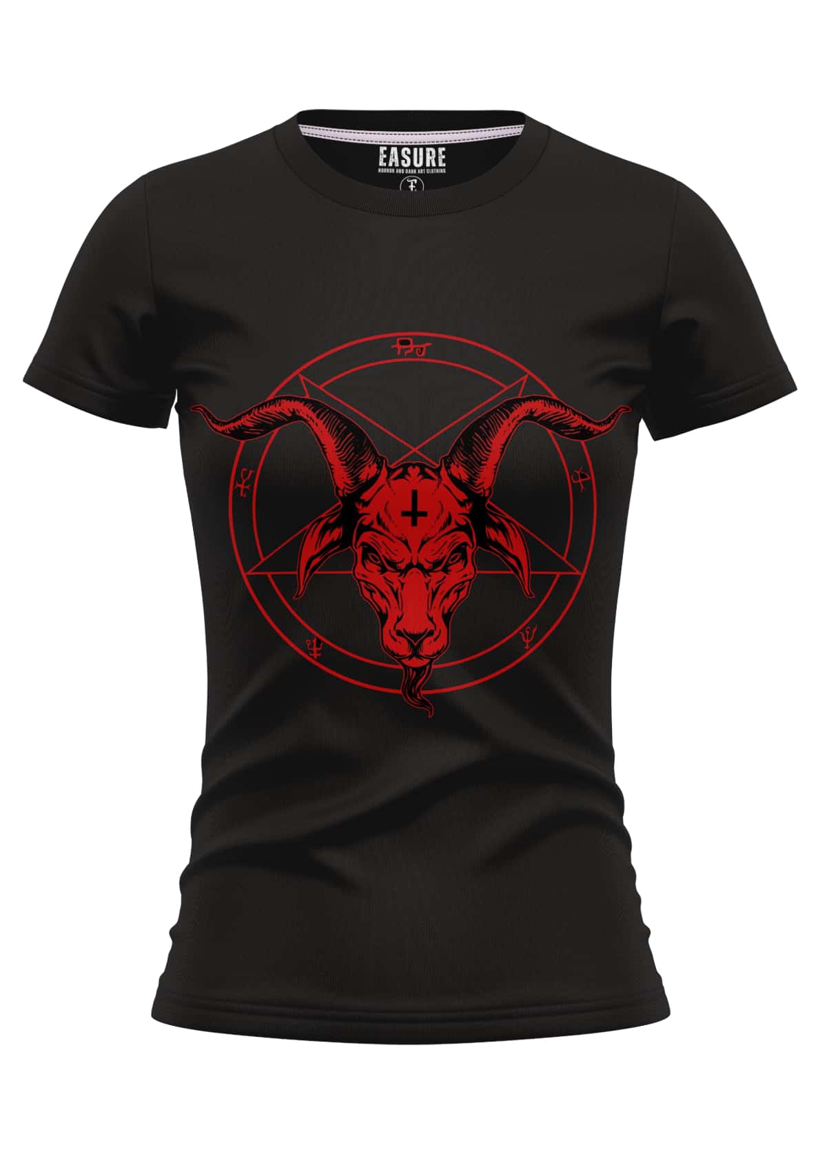 Schwarzes damen t-shirt pentagram red mit rotem ziegenkopf grafik aus strapazierfähigem stoff und weicher qualität