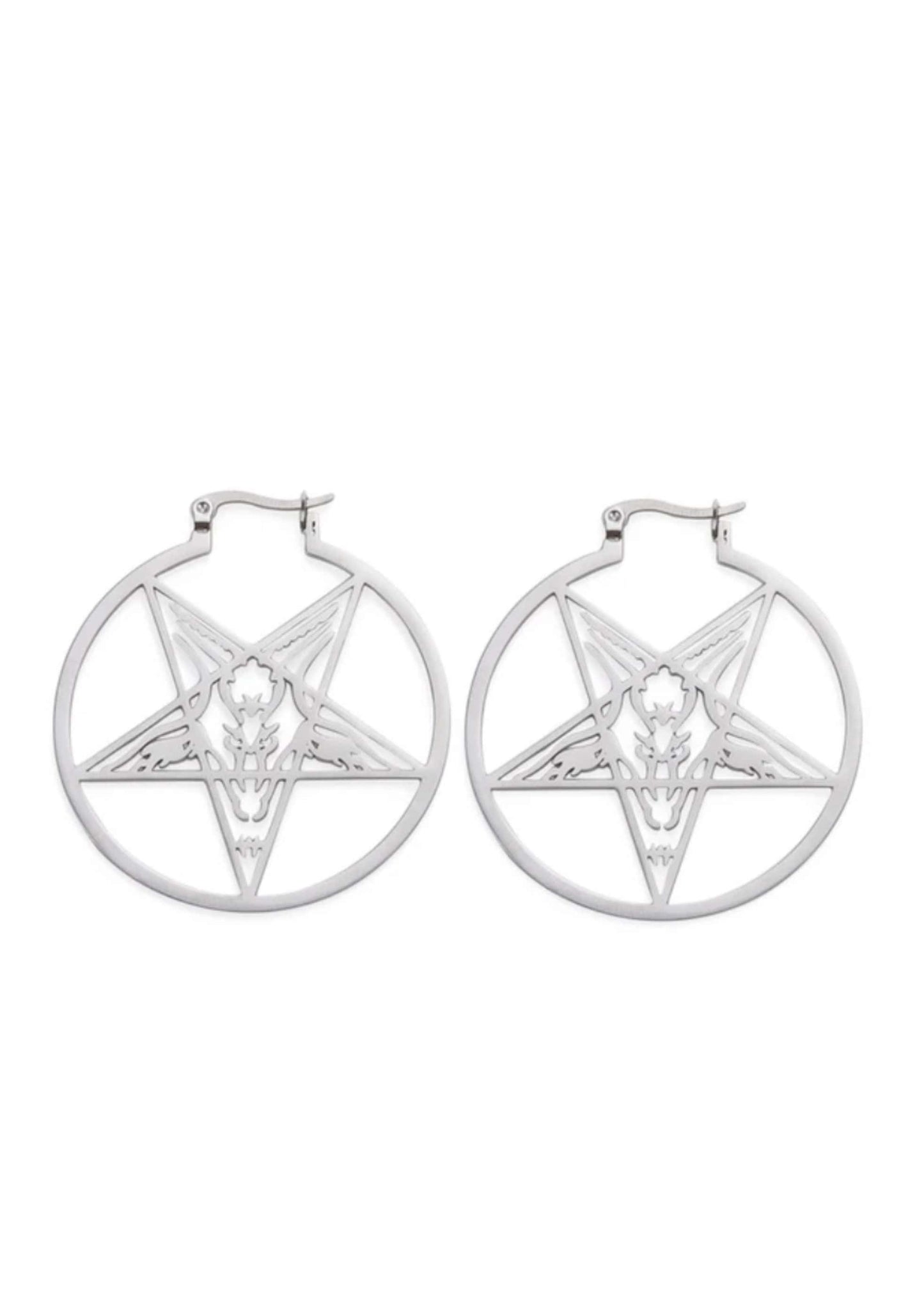 Silberne Pentagram Round Ohrringe mit gotischem Ziegenkopf