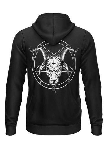 Schwarzer zip-up hoodie mit detailliertem weißen gothic horror pentagramm und okkultem ziegenkopf auf der rückseite