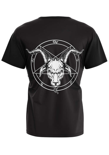 Schwarzes gothic kurzarmshirt mit weißem goat-head grafik im umgedrehten pentagramm hinten bedruckt