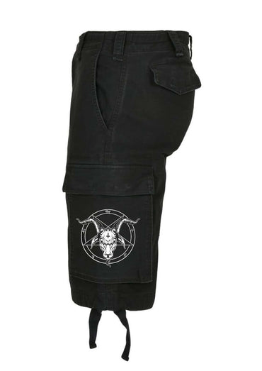 Schwarze cargo vintage short mit weißem Ziegenkopf emblem in einem pentagramm auf der unteren bein tasche