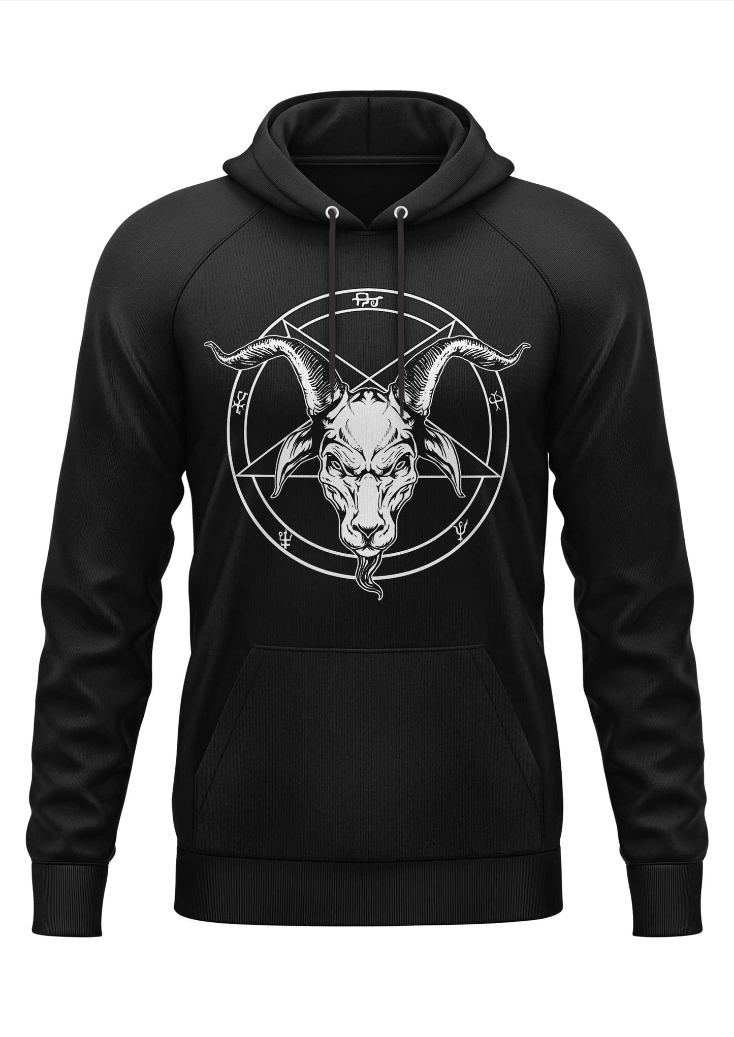 Schwarzer hoodie mit weißem pentagramm und ziegenkopf grafik, gothic und horror stil für bitte fans