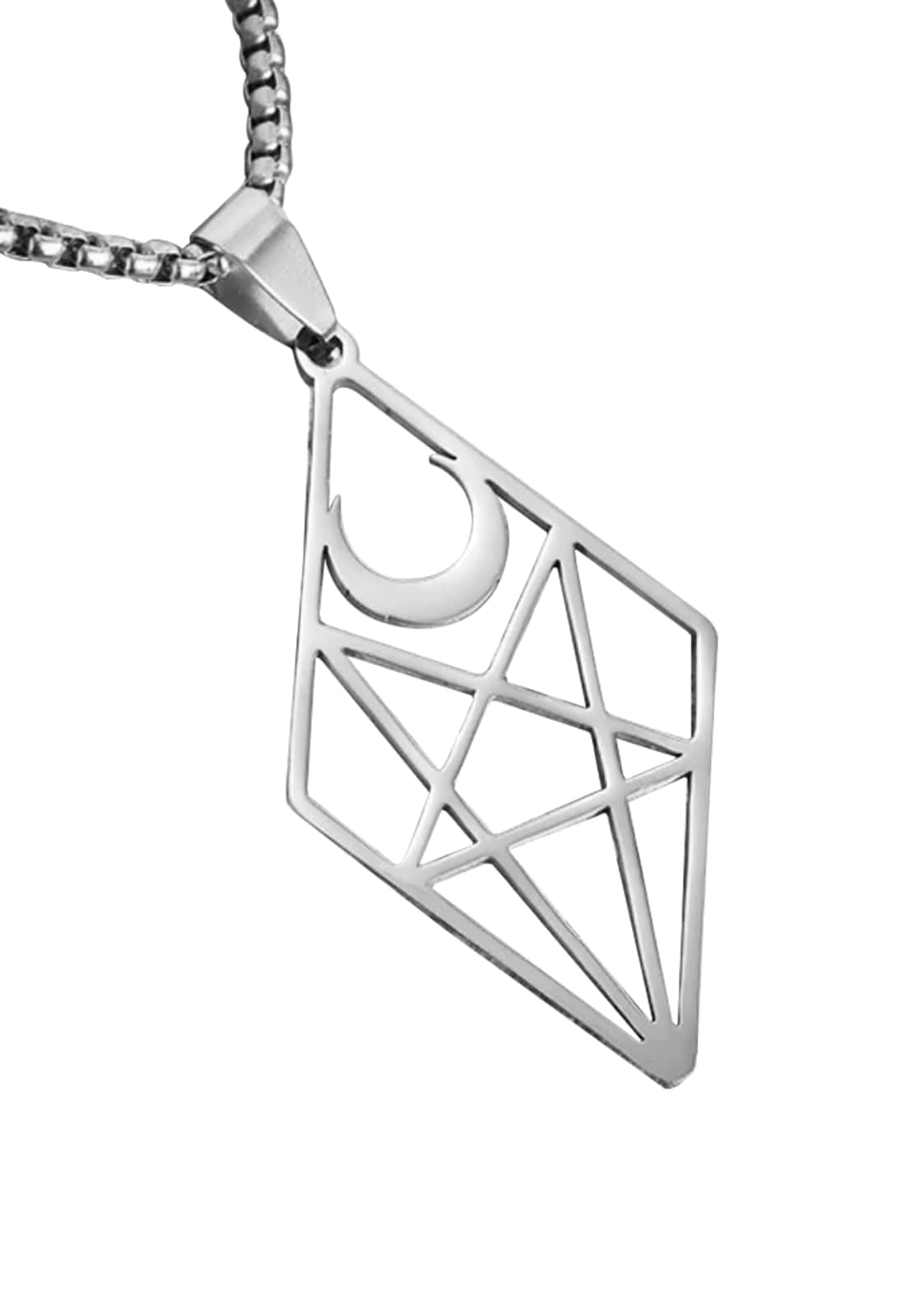 Silberne pentagram witch halskette mit geometrischem mondanhänger und boxkette im gothic horror stil