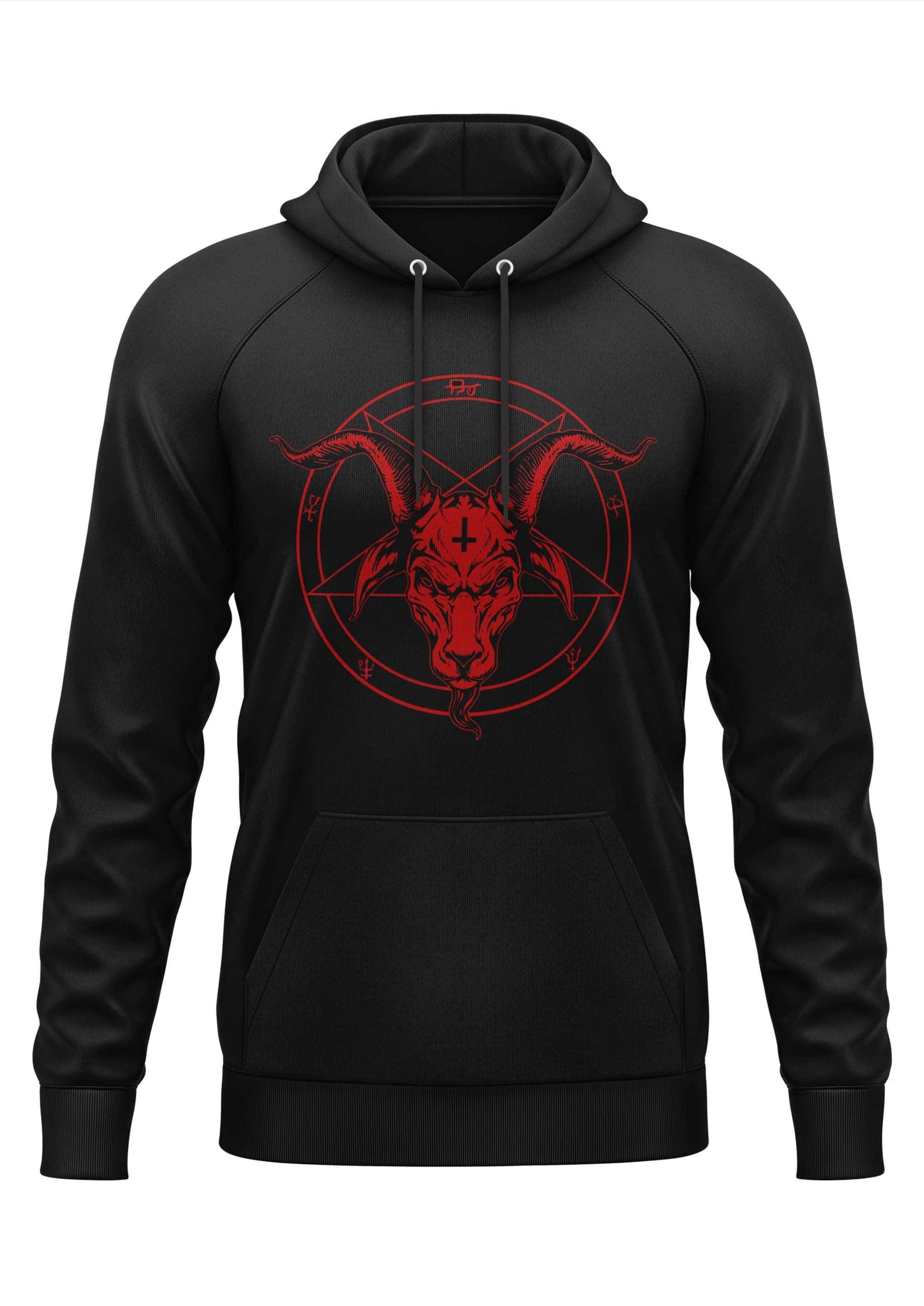 Black hoodie mit rotem gothic pentagramm und ziegenkopf grafik perfekt für horror fans