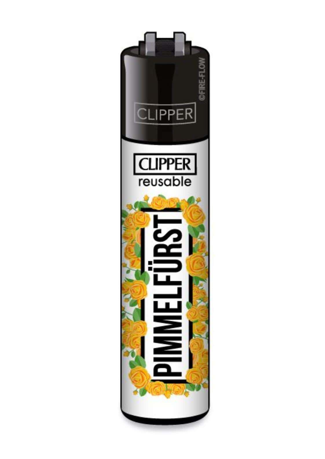 Pimmelfürst design clipper feuerzeug nachfüllbar in schwarz und weiß mit leuchtendem gelben rosenmuster
