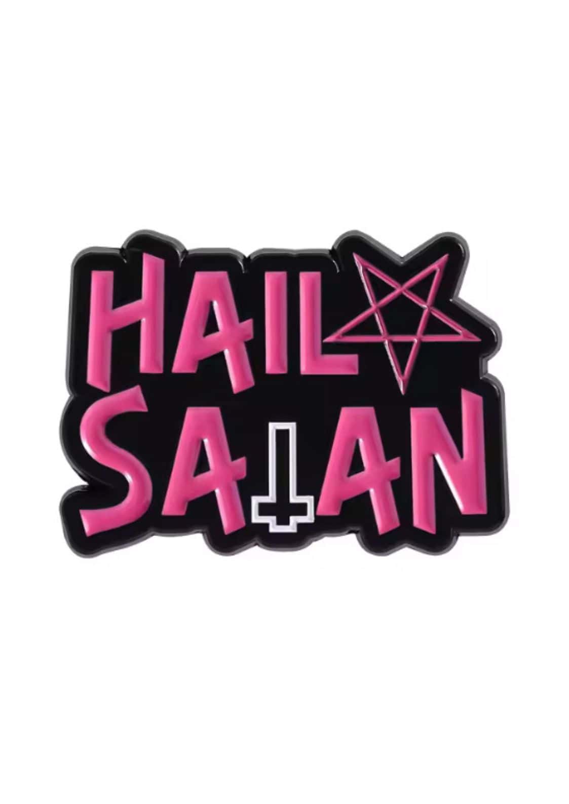 Pink hail satan pin mit pinkem pentagramm patch, schwarzem rand und weißem hail satan schriftzug