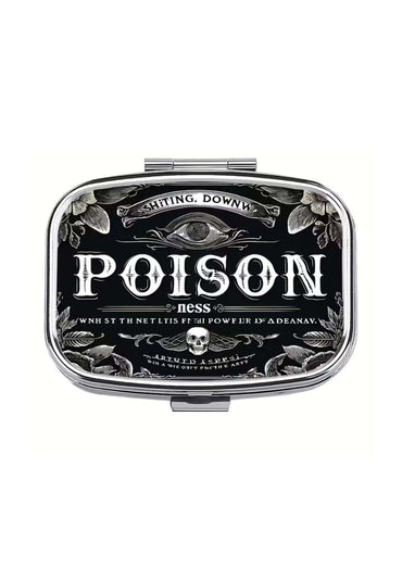 Schwarzer rechteckiger klappspiegel mit silbernem rahmen und weißem gothic schriftzug poison mit schädelsymbol für dark fashion