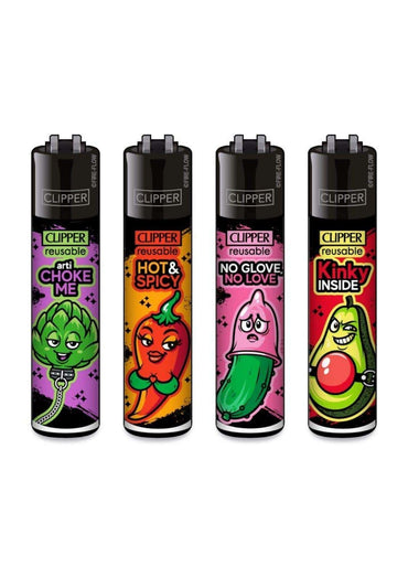Vier bunte clipper feuerzeuge mit cartoon-gemüse und spielerischem text aus dem porn slogan #9 gothic horror set