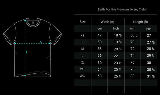 Premium-Jersey-T-Shirt in Schwarz mit weißem Design und Text, Größentabelle enthalten.