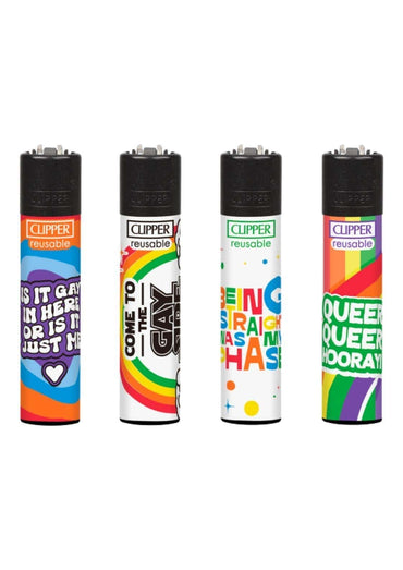 Vier bunte clipper feuerzeuge mit pride 2 design und lgbtq slogans, ideal für gothic kleidung und horror looks