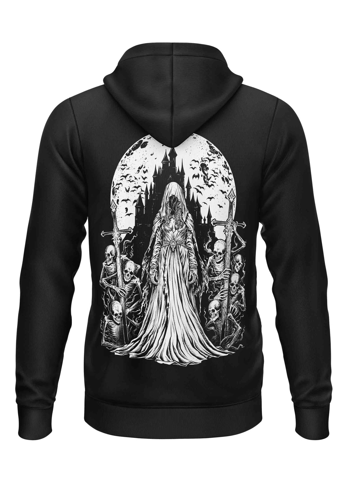 Schwarzer Kapuzenpulli mit Reißverschluss und weißer Grafik einer Frau und Skelettfiguren.