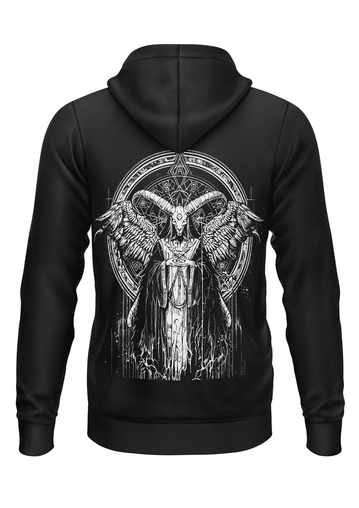 Schwerer Unisex Hoodie Prophecy Backprint mit engelhafte Ziegenfigur