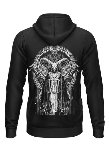 Schwerer unisex hoodie mit prophezeiung backprint in schwarz mit weißem detailliertem engelziegenmotiv von gaia lizenzierte bekleidungsfirma