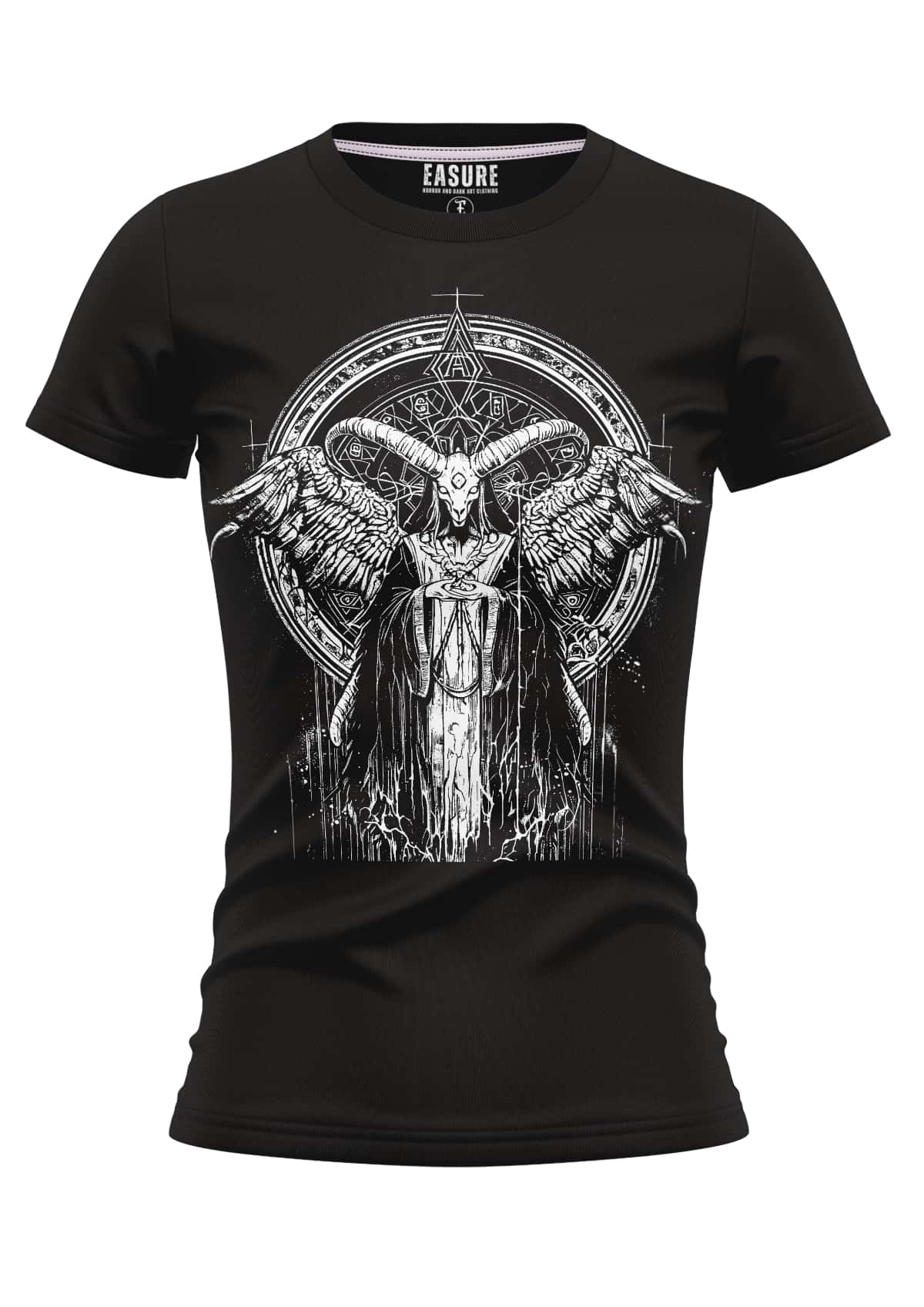 Schwarzes girlie t-shirt prophecy mit weißem engel-dämon grafikprint aus strapazierfähigem stoff und weicher qualität
