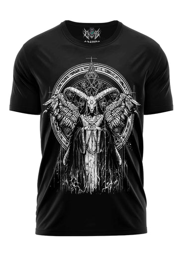 Schwarzes kurzarmshirt prophecy mit detailliertem weißen gothic horror engel-motiv und geometrischen mustern