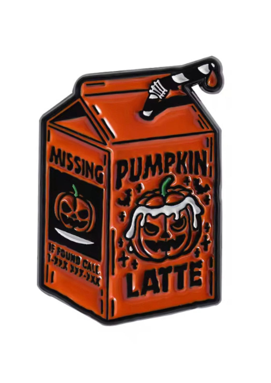 Kürbiskern-Latte-Emaille-Pin mit Jack-o’-Lantern-Design, orange-schwarzes Farbschema.