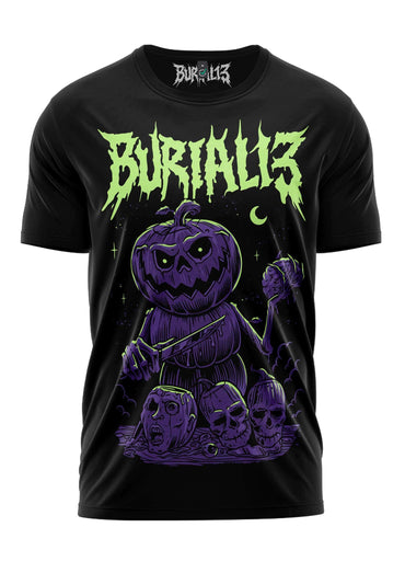 Schwarzes schweres unisex t-shirt mit spooky lila kürbis und grüner burialis schrift aus strapazierfähigem stoff