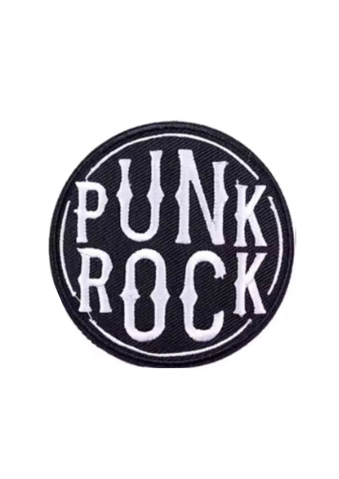 Punk-Rock-Patch mit schwarz-weißem Design, kreisförmige Form.
