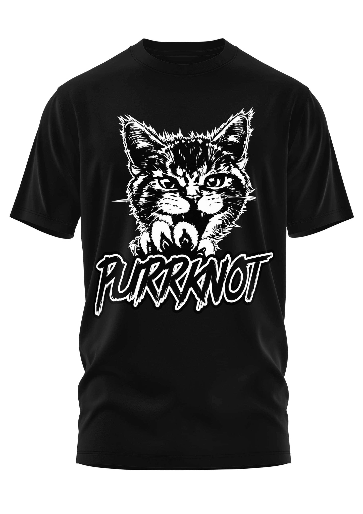 Schwarzes kurzarmshirt mit gothic horror motiv einer wütenden katze und dem schriftzug purrknot von bitte