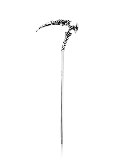 Silberner reaper haarnadel mit skelettdesign, gebogenem edelstahlklinge und strukturierter griffoberfläche
