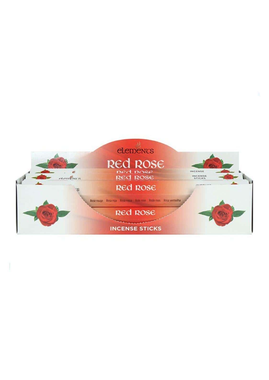 Red rose elements räucherstäbchen in weißer und rosa verpackung mit rosenduft für aromatherapie