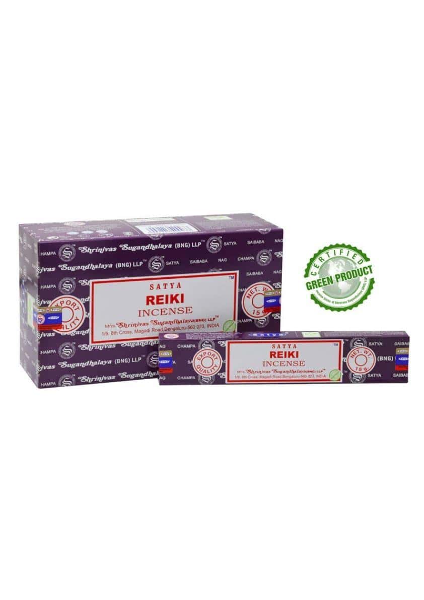 Lila rechteckige box mit satya reiki räucherstäbchen und weiß-rotem label für gothic horror dark fashion nutzen
