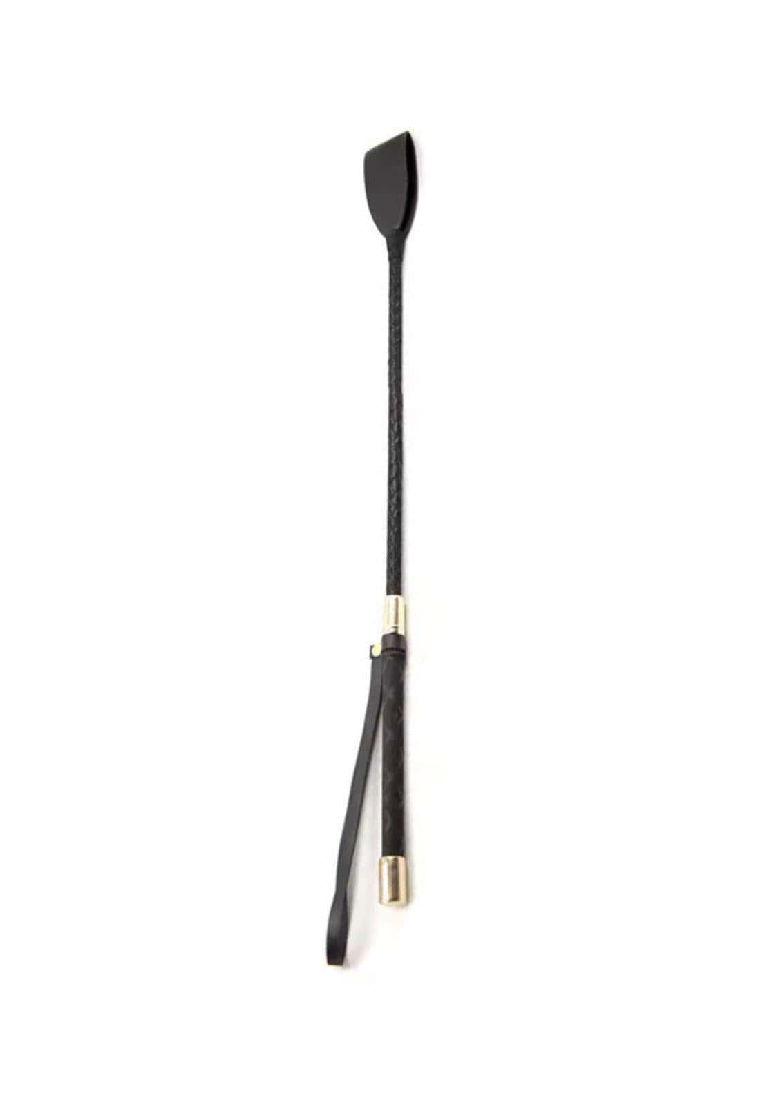 Reitgerte mit schlaufe aus schwarzem leder mit goldenen metallakzenten im griff für gothic und dark fashion fans