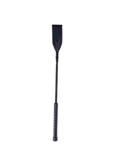 Schwarze lederreitgerte mit strukturiertem griff und geflochtenem kordelband ideal für gothic kleidung und horror styles
