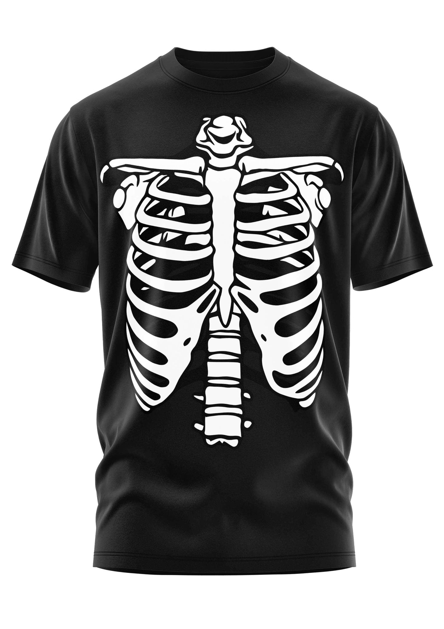 Black short-sleeved gothic t-shirt with bold white skeletal ribcage design for horror fans from bitte ribs shirt