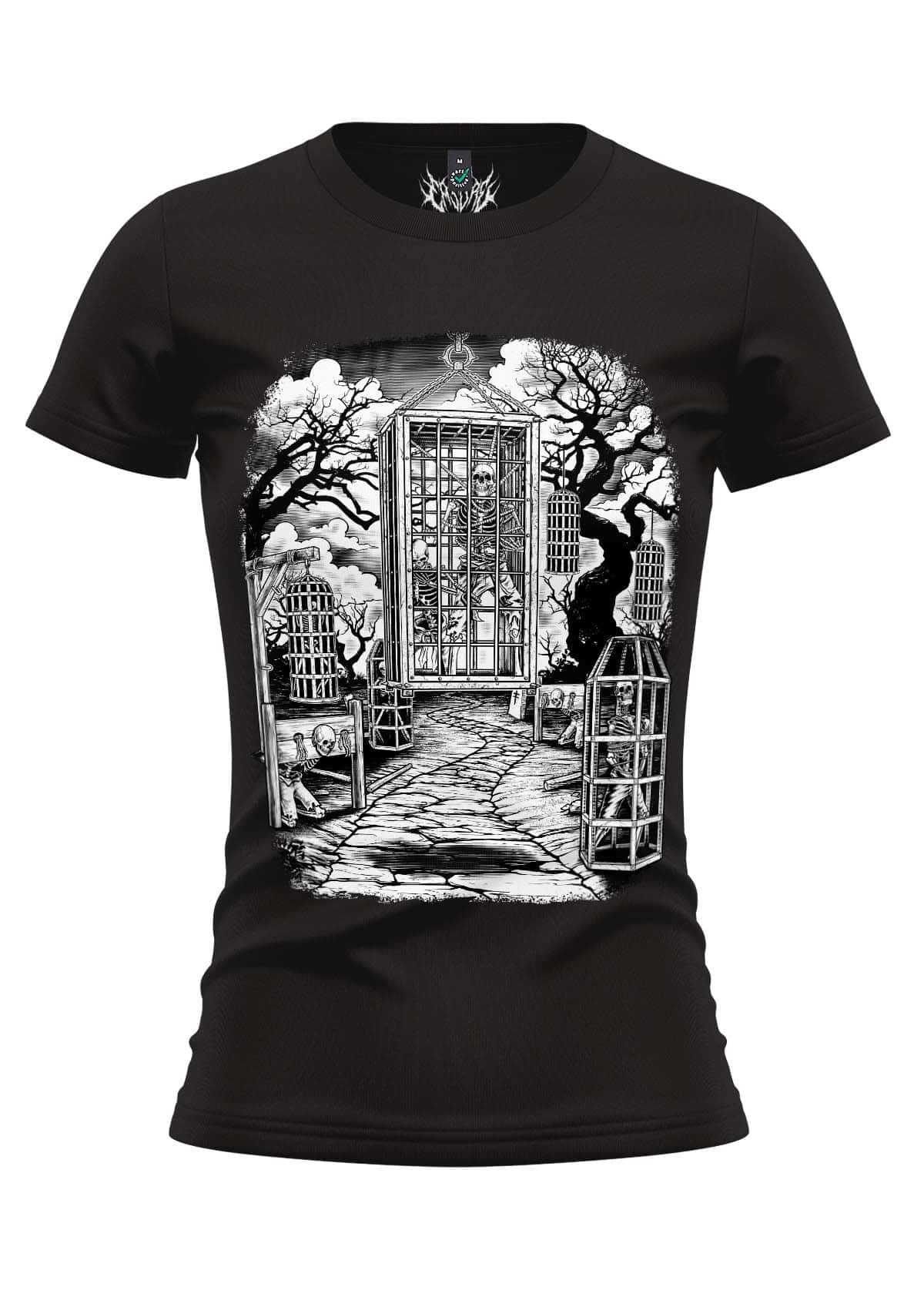 Schwarzes gothic girl t-shirt road to death mit detailliertem schwarz-weiß grafik mystische reise gaia lizenzierte kleidung