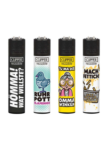 Vier bunte clipper feuerzeuge mit einzigartigen cartoon-designs im ruhrpott set ideal für gothic und dark fashion fans
