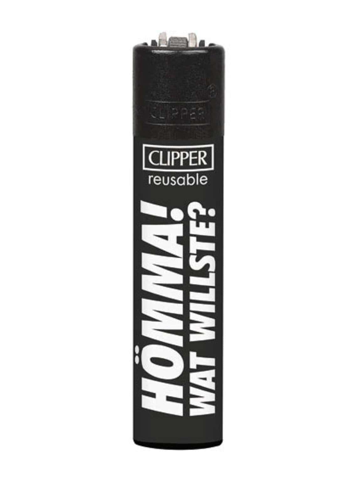 Schwarzes ruhrpott clipper feuerzeug mit weißem schriftzug hömmma wat willste in moderner schrift für gothic fashion