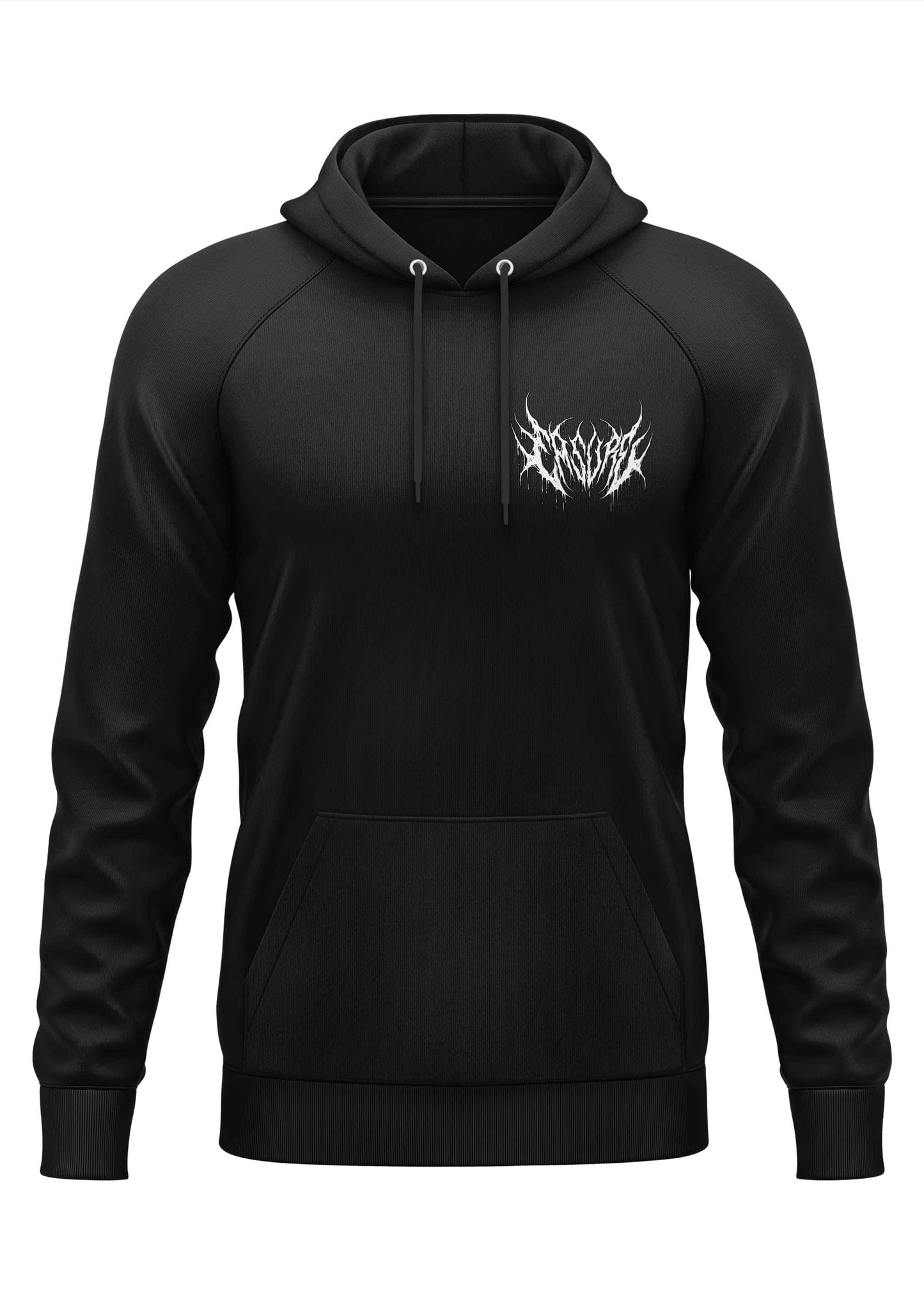 Schwarzer hoodie sacrifice mit weißem gothic bitte logo auf der brust und passenden horror-kordeln