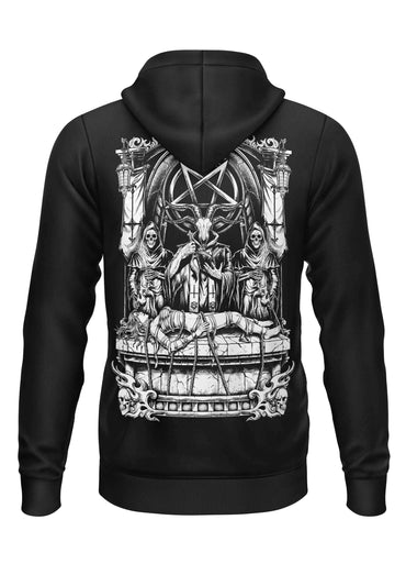 Schwarzer zip-up hoodie mit gothic horror backprint einer ziegenkopffigur auf thron mit skeletten und schädeln