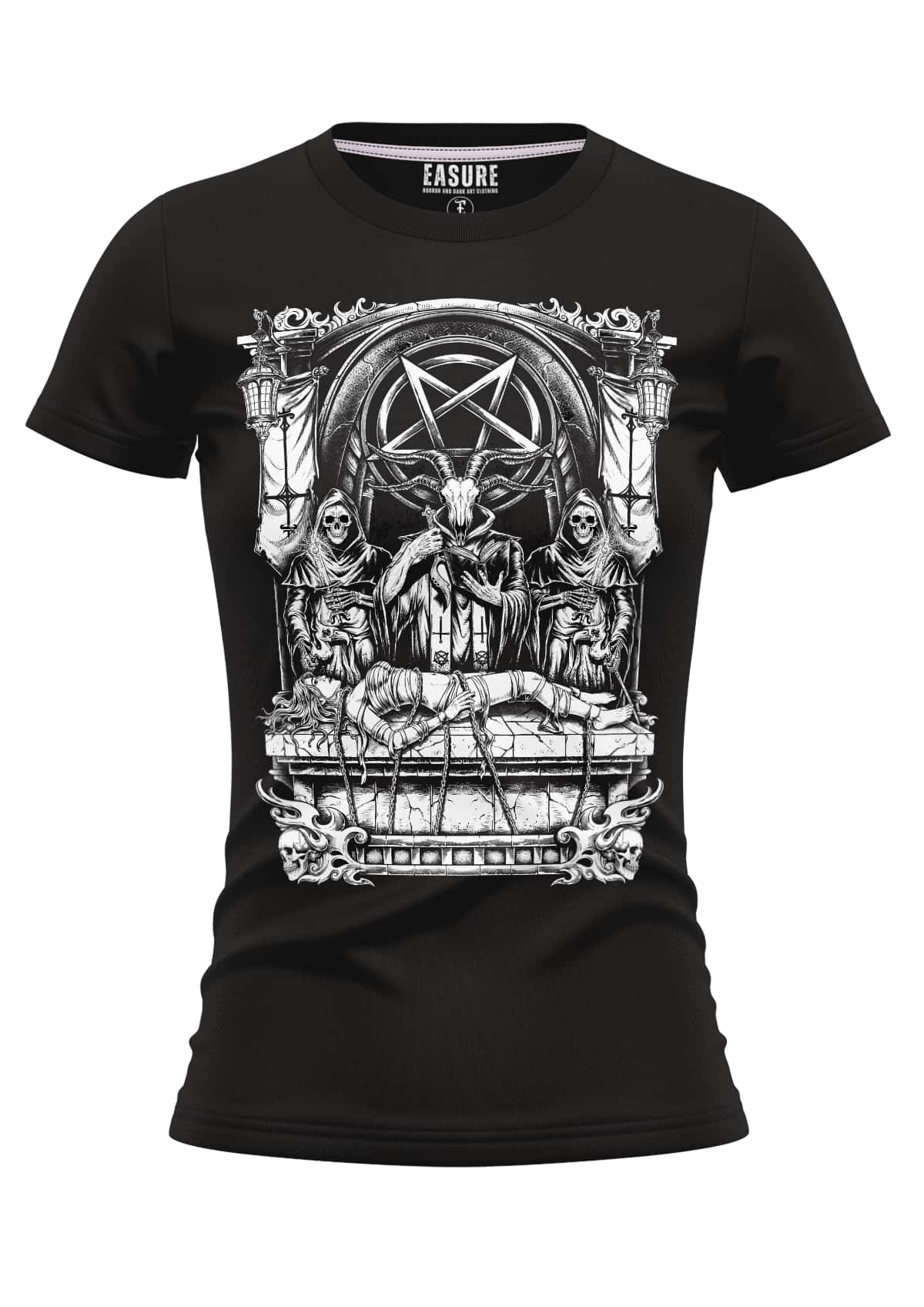 Schwarzes girlie t-shirt sacrifice mit detailliertem schwarz-weiß grafikdruck und strapazierfähigem stoff von easure