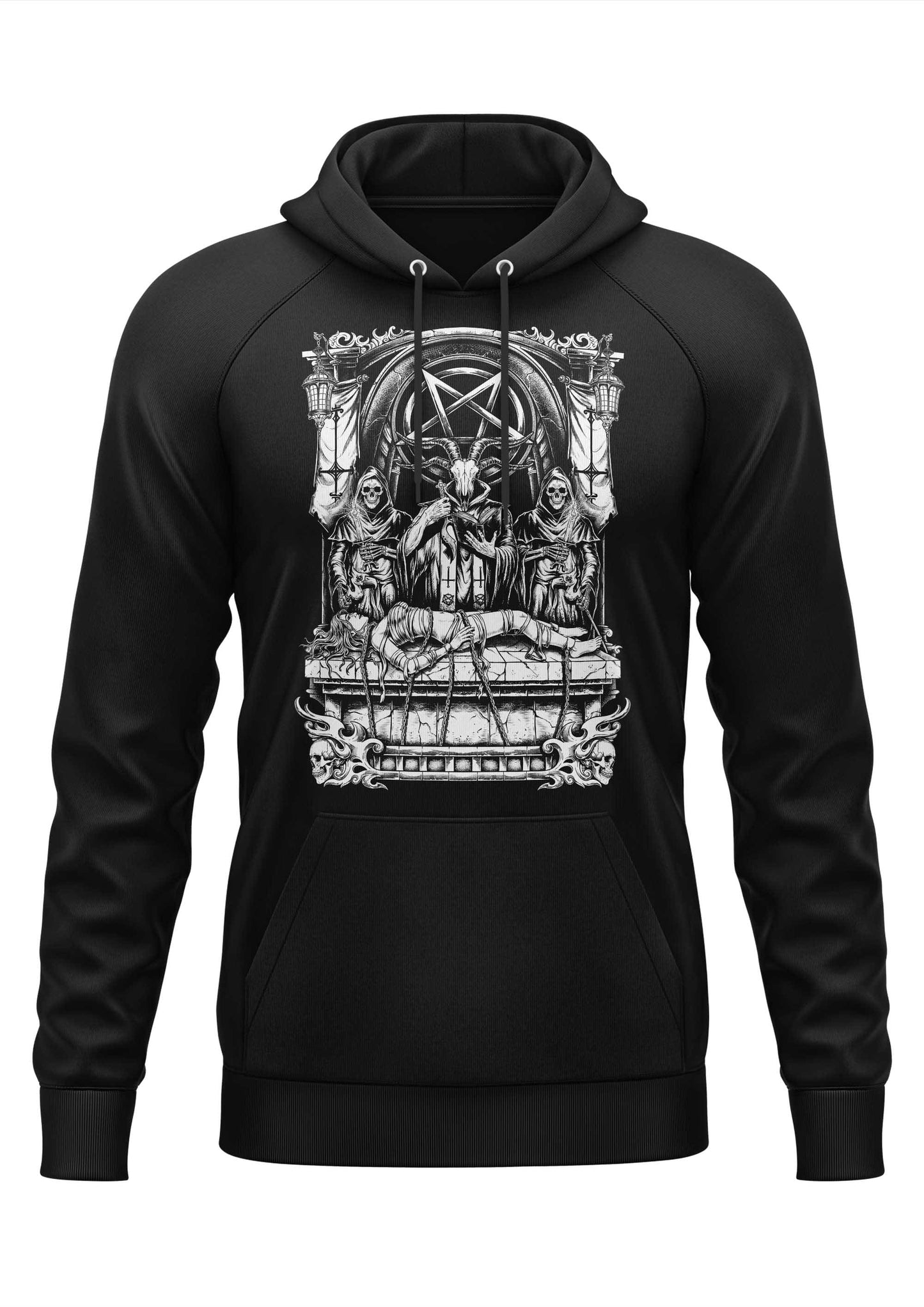 Schwarzes SACRIFICE Hoodie mit gothic Ziegenkopf-Thron-Motiv