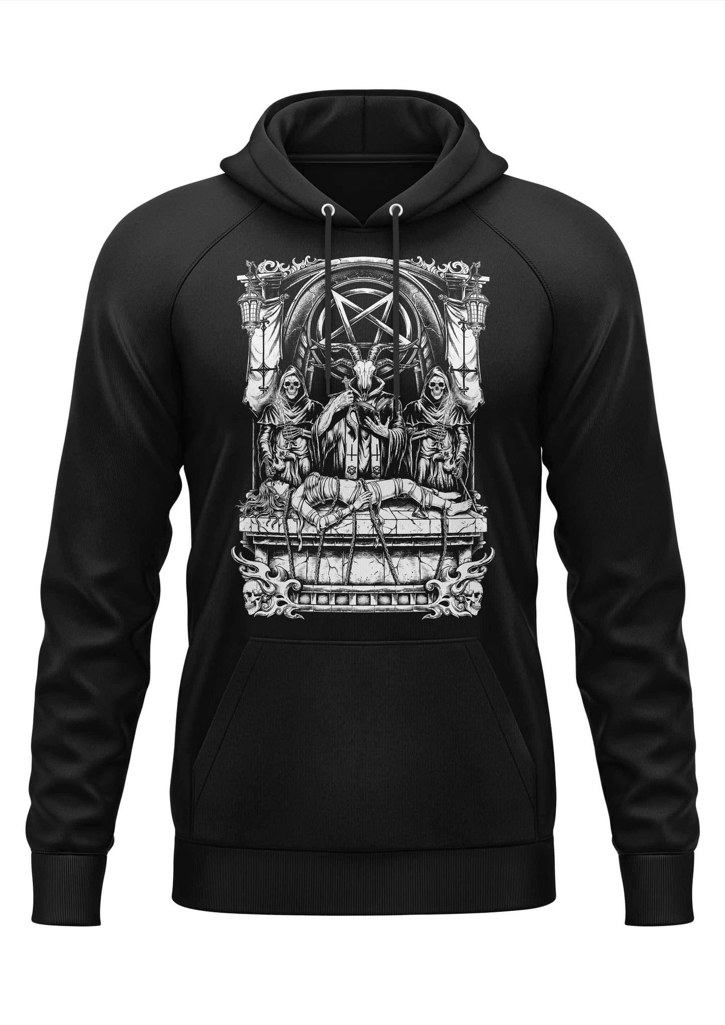 Black hoodie mit gothic horror grafik eines ziegenkopfigen figures auf thron mit skelettdienern in schwarzweiß