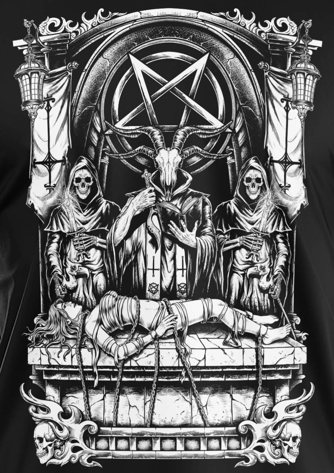 Schwarzes SACRIFICE-SHIRT mit gothic Ziegenkopf und Skeletten
