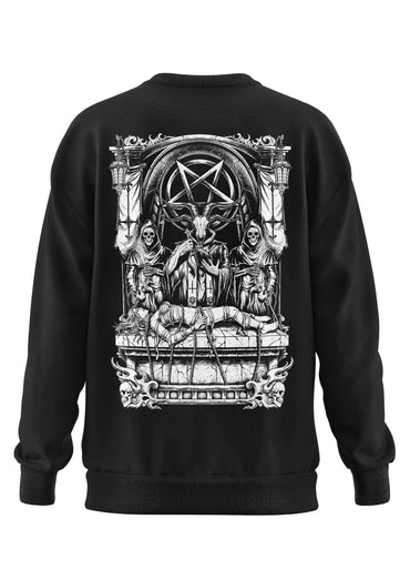 Schweres unisex sweatshirt sacrifice aus recyceltem polyester mit schwarzem grund und detailreicher schwarzweiß grafik