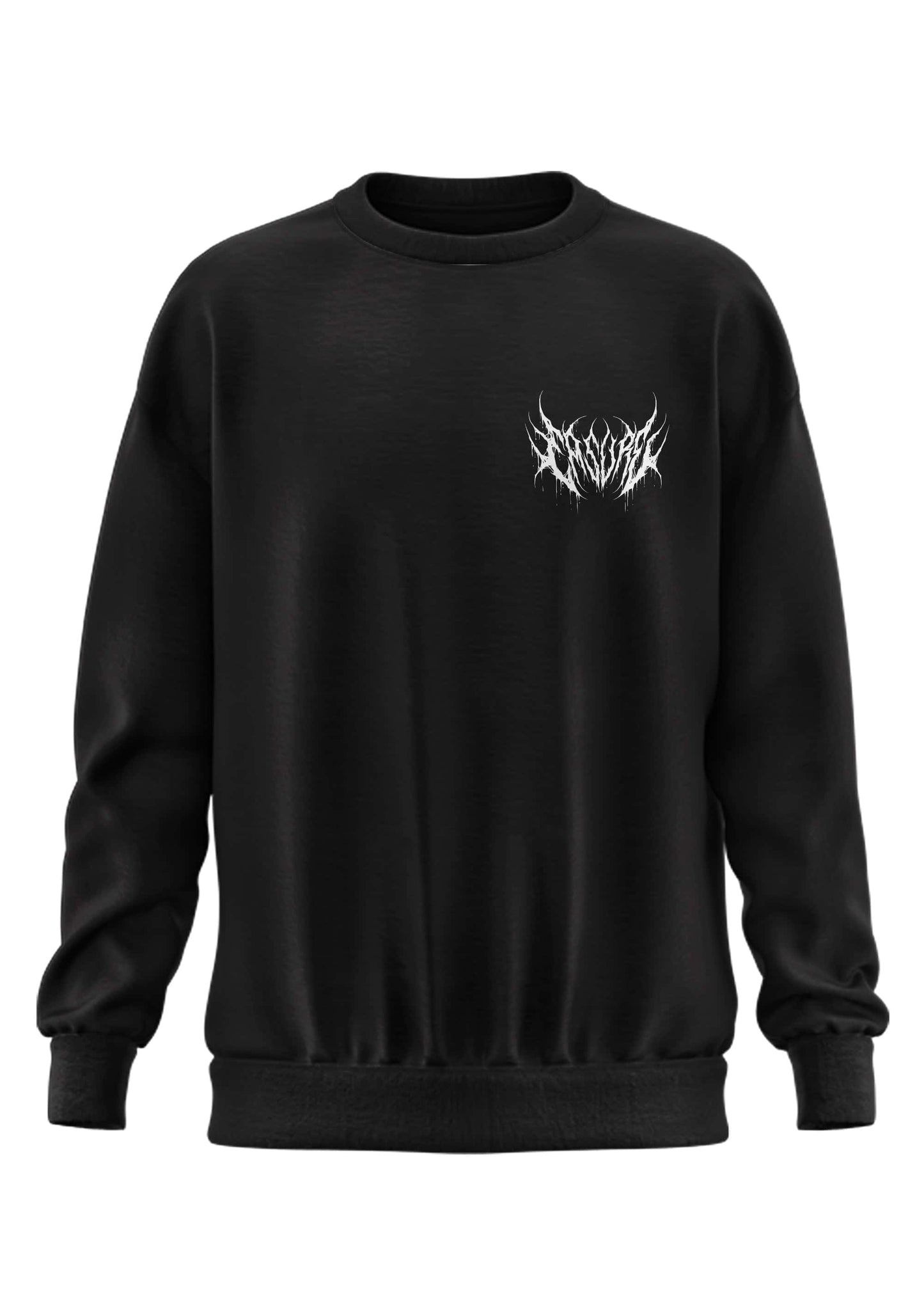 Schwerers unisex sweatshirt sacrifice in schwarz mit weißem, stilisiertem logo und strapazierfähigem, recyceltem polyester