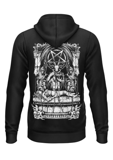 Schwerer unisex zipper in schwarz aus recyceltem polyester mit detailreichem baphomet-print und strapazierfähigem stoff
